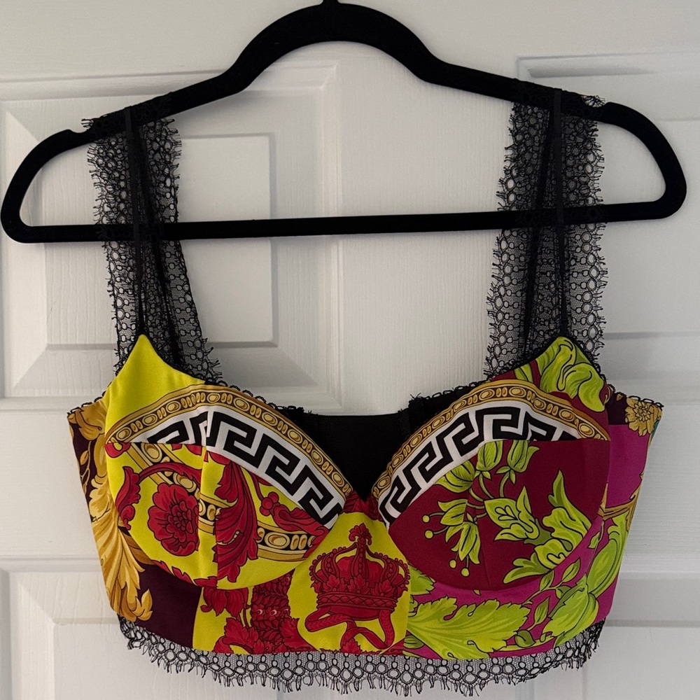 Versace Yellow Pink Green Baroque Lace-Trim Camisole Top